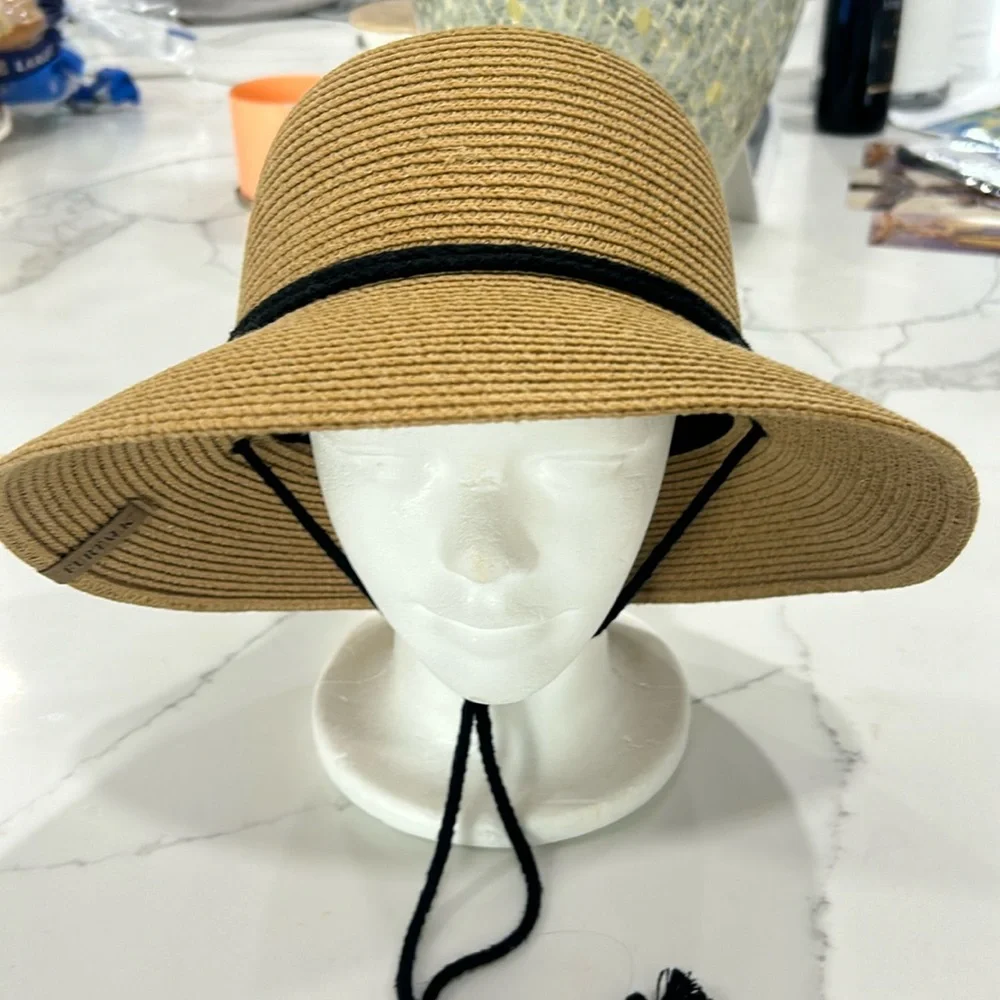 Furtalk New Straw Wide Brim‎ Hat with Ajustable Chin Strap. Inner Velcro Adj. M